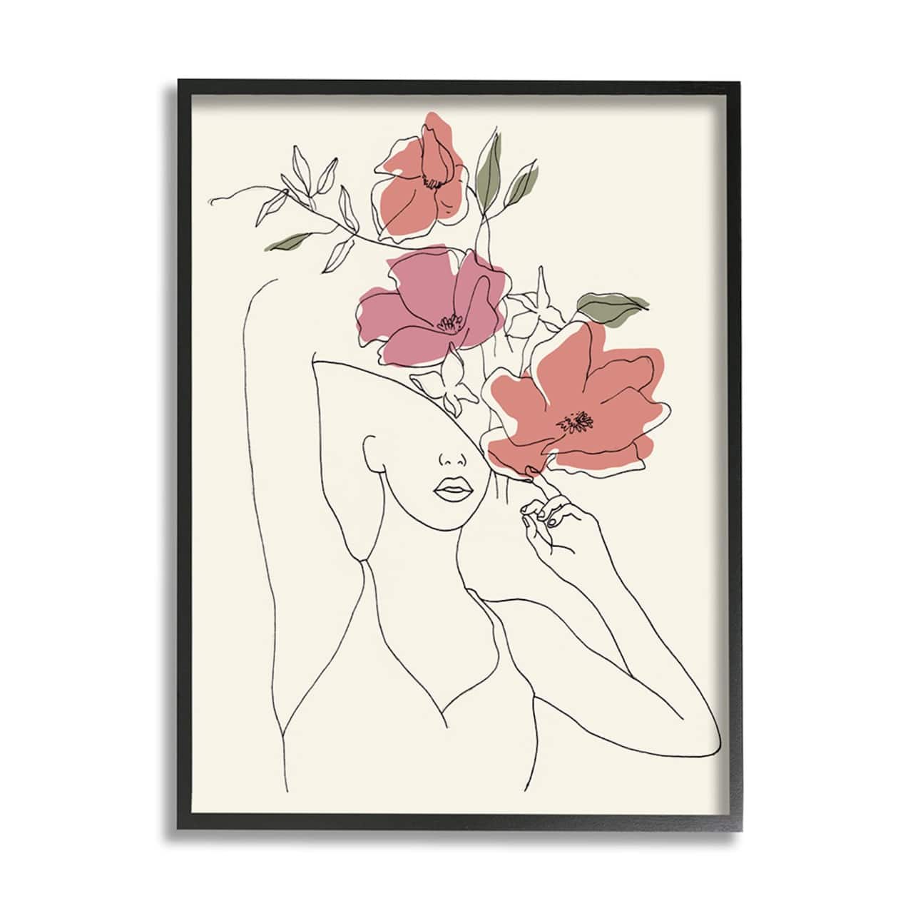 Stupell Industries Female &#x26; Blooming Floral Portrait Sketch Black Framed Wall Art